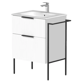 Tvättställsskåp <strong>Velira</strong>  Vit Räfflad Matt 60 cm med Handfat Vit, Handtagen Svart & Ben
