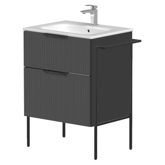 Tvättställsskåp <strong>Velira</strong>  Grafit Räfflad Matt 60 cm med Handfat Vit, Handtagen Svart & Ben