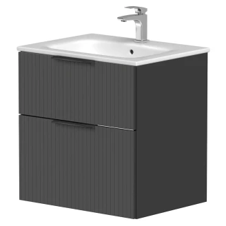 Tvättställsskåp Velira Grafit Räfflad Matt 60 cm med Handfat Vit, Handtagen Svart & Ben