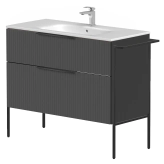 Tvättställsskåp <strong>Velira</strong>  Grafit Räfflad Matt 100 cm med Handfat Vit, Handtagen Svart & Ben