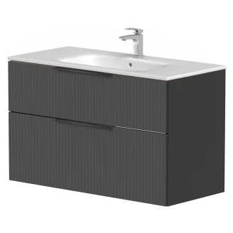 Tvättställsskåp <strong>Velira</strong>  Grafit Räfflad Matt 100 cm med Handfat Vit, Handtagen Svart & Ben