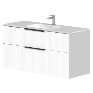 Tvättställsskåp Velira Vit Räfflad Matt 120 cm med Handfat Vit, Handtagen Svart & Ben