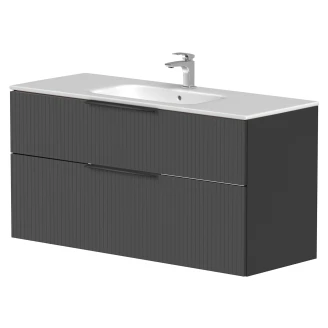 Tvättställsskåp Velira Grafit Räfflad Matt 120 cm med Handfat Vit, Handtagen Svart & Ben