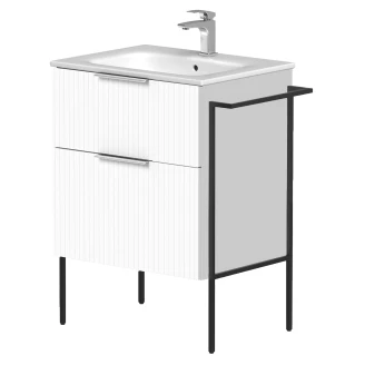 Tvättställsskåp <strong>Velira</strong>  Vit Räfflad Matt 60 cm med Handfat Vit, Handtagen Krom & Ben
