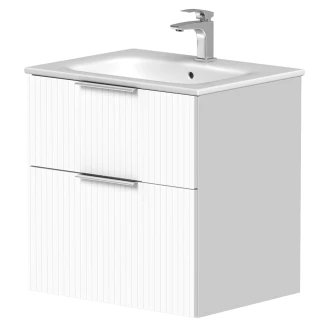 Tvättställsskåp Velira Vit Räfflad Matt 60 cm med Handfat Vit, Handtagen Krom & Ben