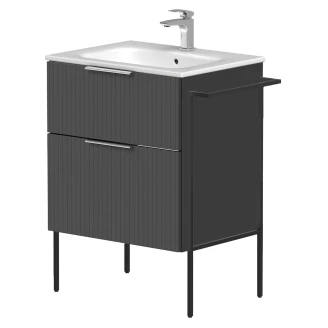Tvättställsskåp <strong>Velira</strong>  Grafit Räfflad Matt 60 cm med Handfat Vit, Handtagen Krom & Ben