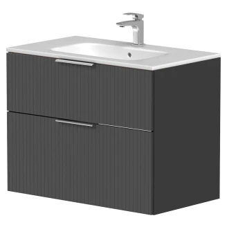 Tvättställsskåp <strong>Velira</strong>  Grafit Räfflad Matt 80 cm med Handfat Vit, Handtagen Krom & Ben