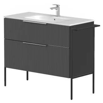 Tvättställsskåp <strong>Velira</strong>  Grafit Räfflad Matt 100 cm med Handfat Vit, Handtagen Krom & Ben