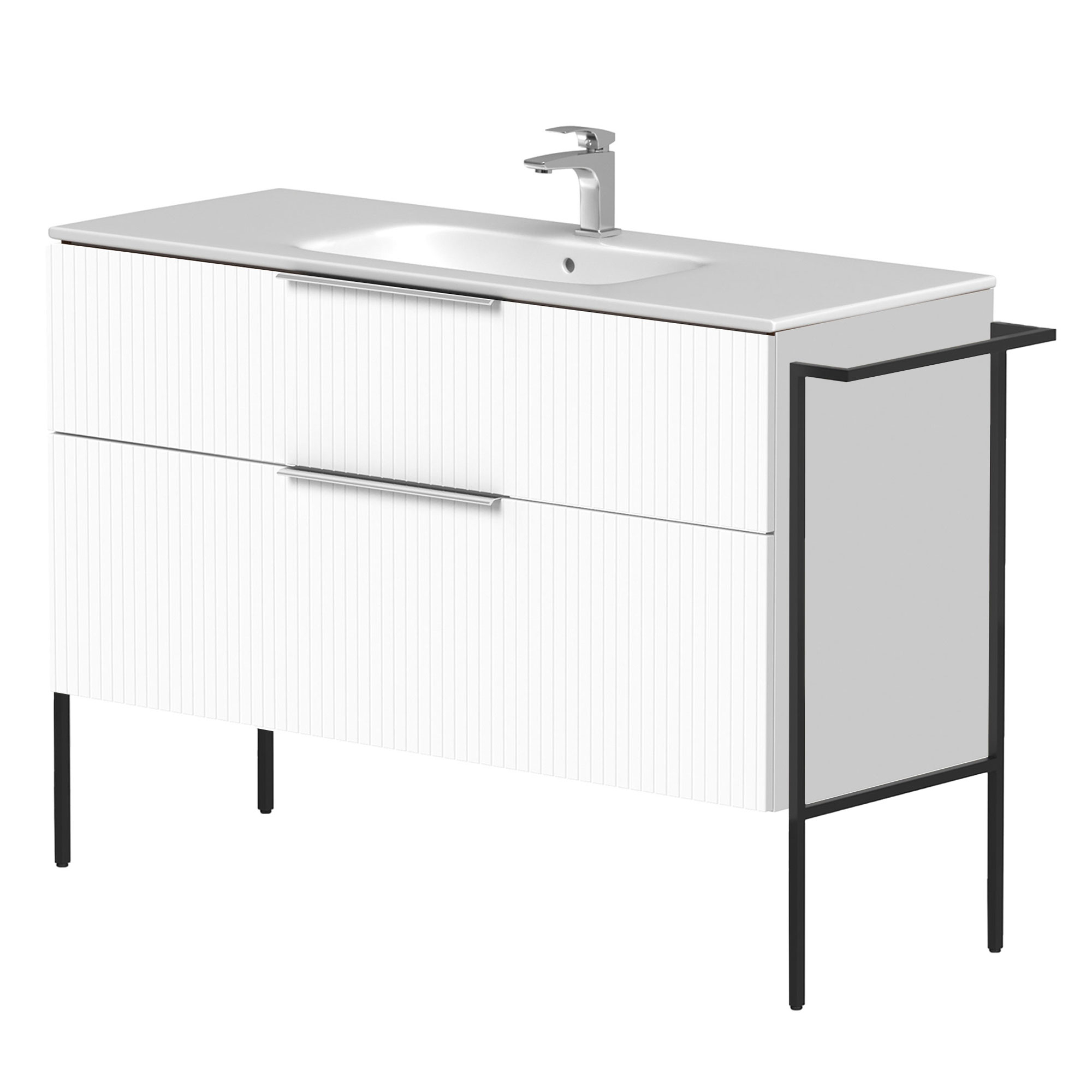Tvättställsskåp Velira Vit Räfflad Matt 120 cm med Handfat Vit, Handtagen Krom & Ben