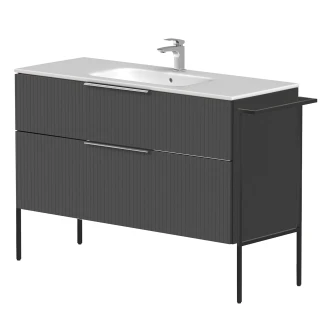 Tvättställsskåp <strong>Velira</strong>  Grafit Räfflad Matt 120 cm med Handfat Vit, Handtagen Krom & Ben