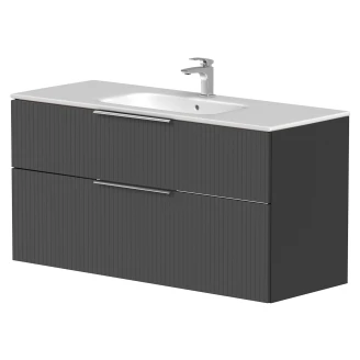 Tvättställsskåp Velira Grafit Räfflad Matt 120 cm med Handfat Vit, Handtagen Krom & Ben