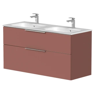 Dubbelt Tvättställsskåp Velira Antik Röd Matt 120 cm med Handfat Vit, Handtagen Krom & Ben