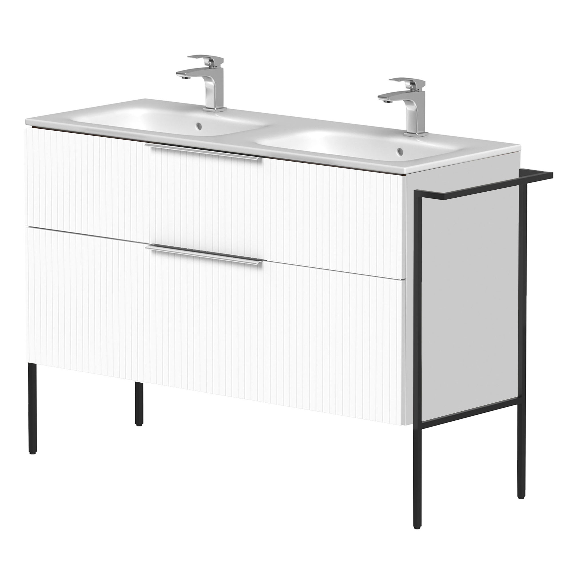 Dubbelt Tvättställsskåp Velira Vit Räfflad Matt 120 cm med Handfat Vit, Handtagen Krom & Ben