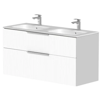 Dubbelt Tvättställsskåp Velira Vit Räfflad Matt 120 cm med Handfat Vit, Handtagen Krom & Ben