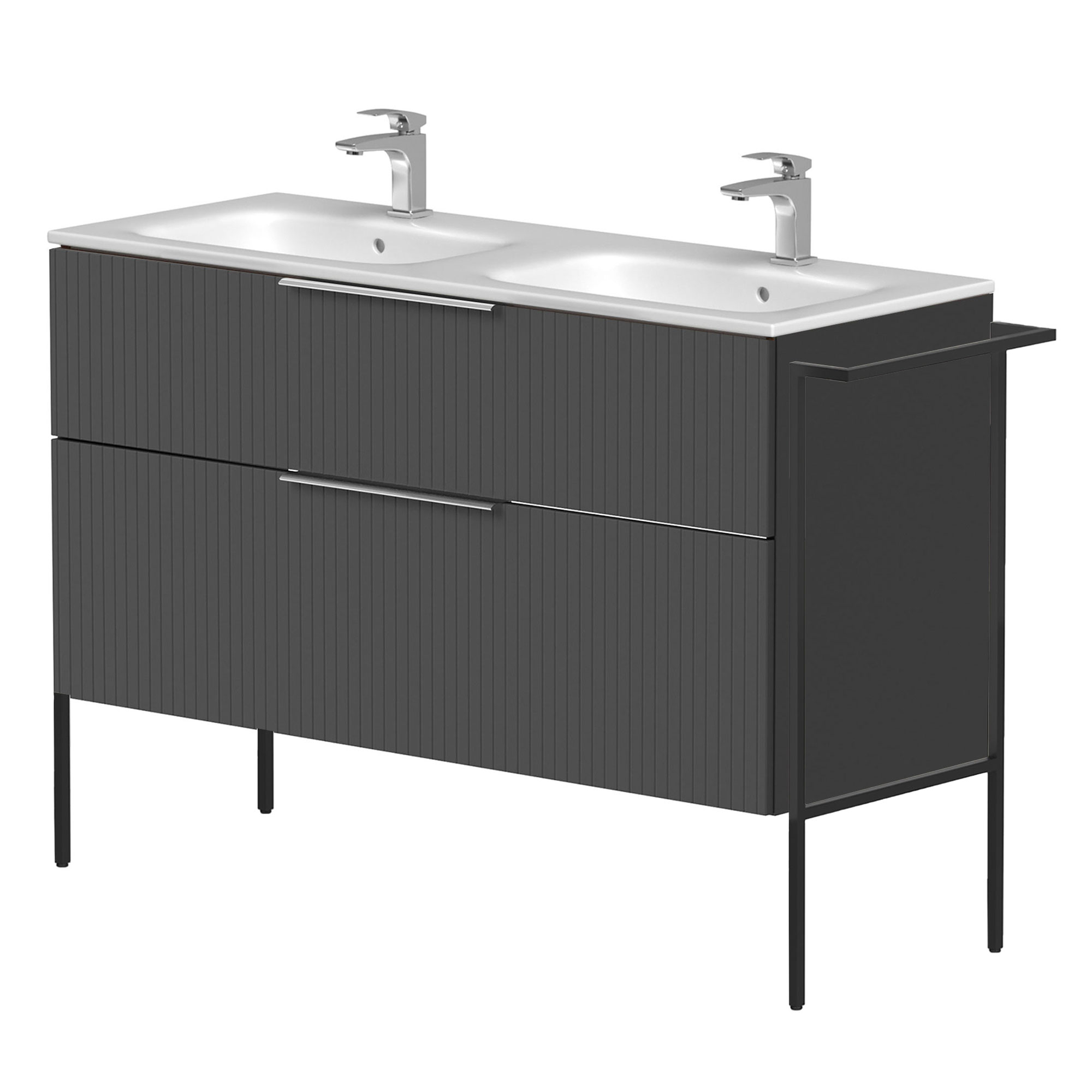 Dubbelt Tvättställsskåp Velira Grafit Räfflad Matt 120 cm med Handfat Vit, Handtagen Krom & Ben