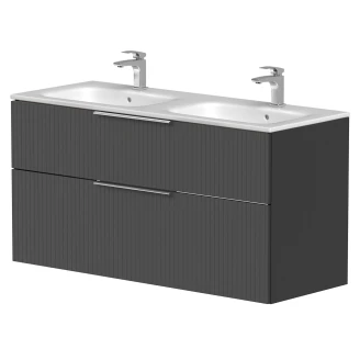 Dubbelt Tvättställsskåp Velira Grafit Räfflad Matt 120 cm med Handfat Vit, Handtagen Krom & Ben