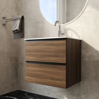 Tvättställsskåp Walnut <strong>Luna</strong>  Trä 60 cm med Handfat Vit Blank
