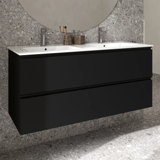 Dubbelt Tvättställsskåp <strong>Luna</strong>  Svart Matt 120 cm med Handfat Vit Blank