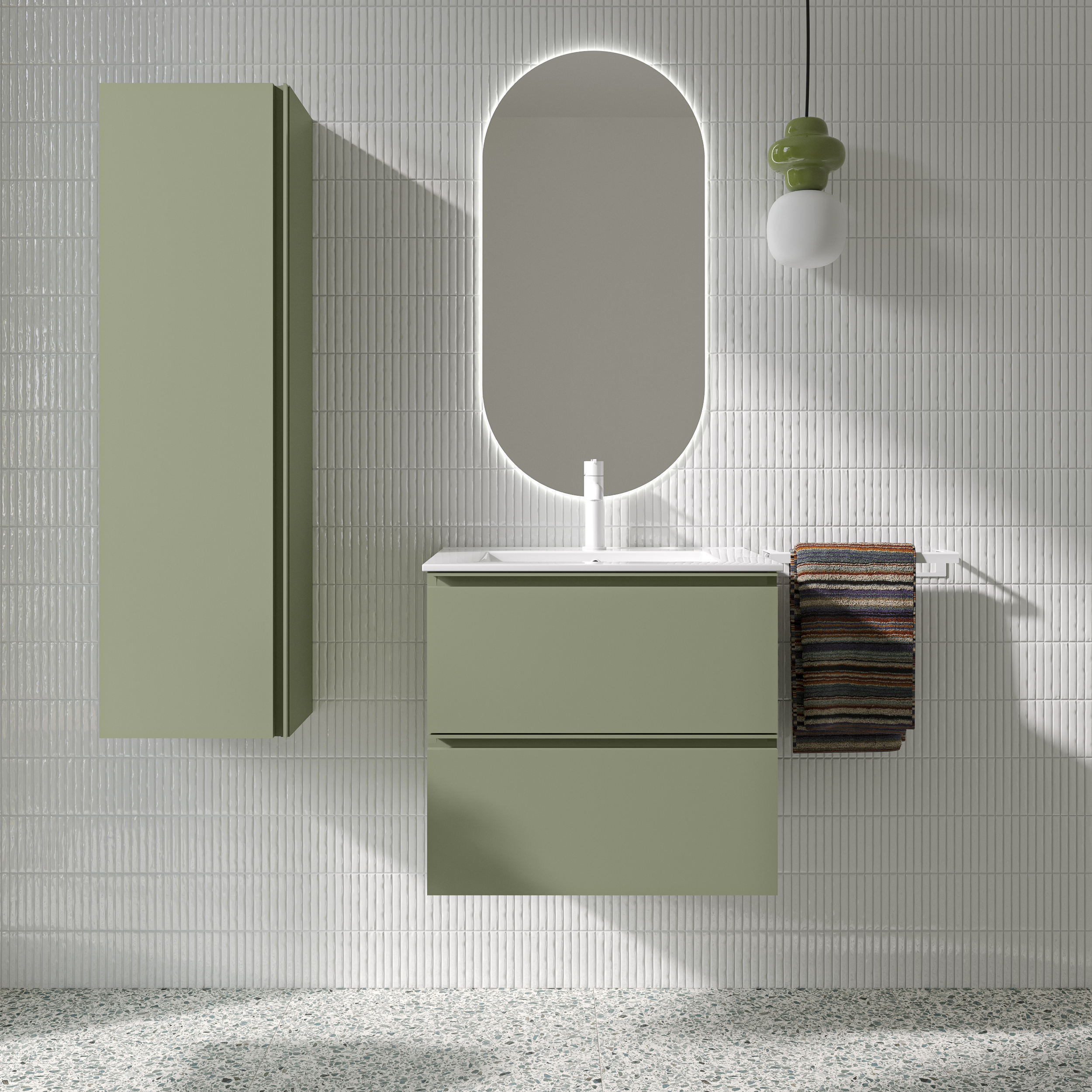 Tvättställsskåp Luna Oliv Matt 60 cm med Oliv Handtag & Handfat Vit Blank
