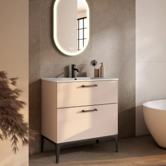 Tvättställsskåp Svart <strong>Ombra</strong>  Beige 80 cm med Handfat Vit & Ben