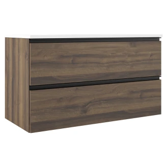 Badrumspaket Walnut Luna Trä 100 cm med Högskåp, Spegel, Tvättställsblandare & Bottenventil