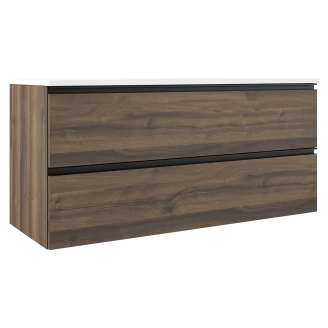 Badrumspaket Walnut Luna Trä 120 cm med Högskåp, Spegel, Tvättställsblandare & Bottenventil