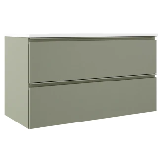 Badrumskommod Luna Oliv Matt 100 cm med Oliv Handtag & Butler Handfat Vit Blank