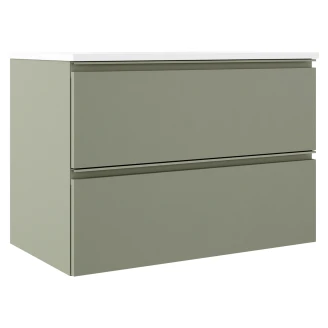Badrumskommod Luna Oliv Matt 80 cm med Oliv Handtag & Butler Handfat Vit Blank