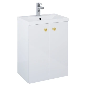 Tvättställsskåp Guld <strong>Minimal</strong>  Vit Blank 50 cm med Två Dörrar & Handfat Vit Blank