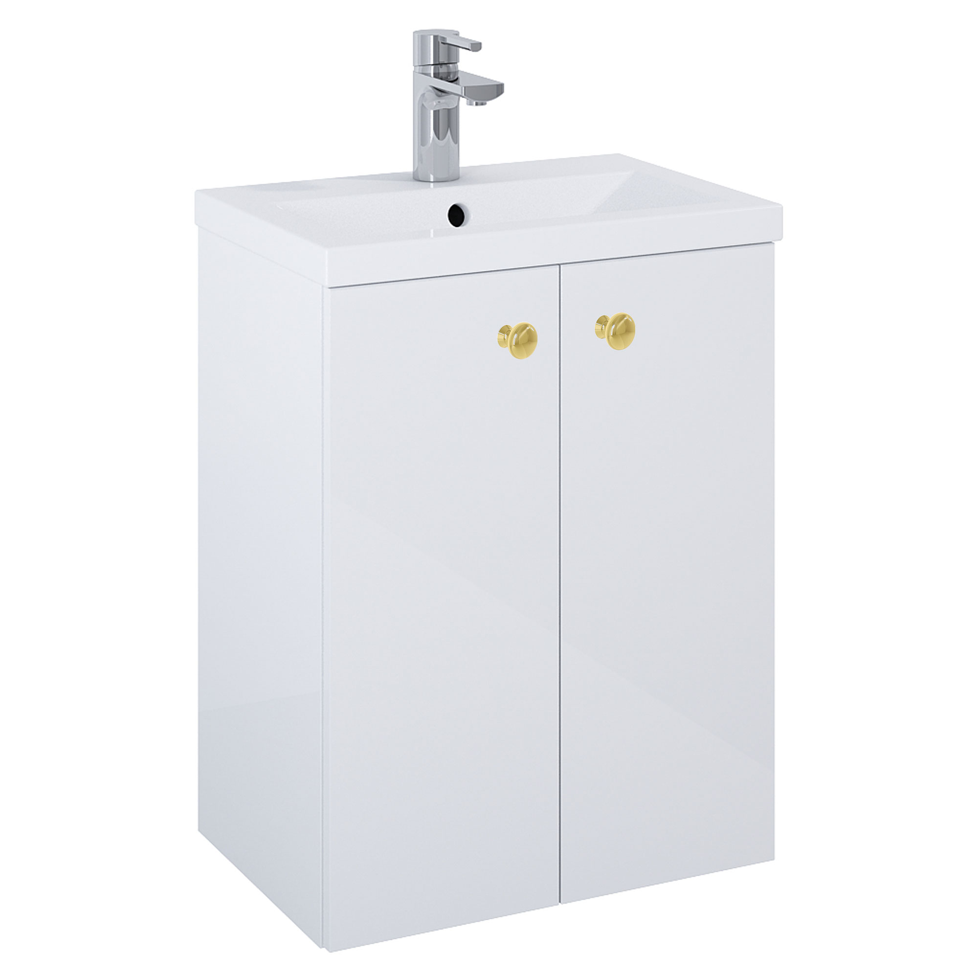Tvättställsskåp Guld Minimal Vit Blank 50 cm med Två Dörrar & Handfat Vit Blank