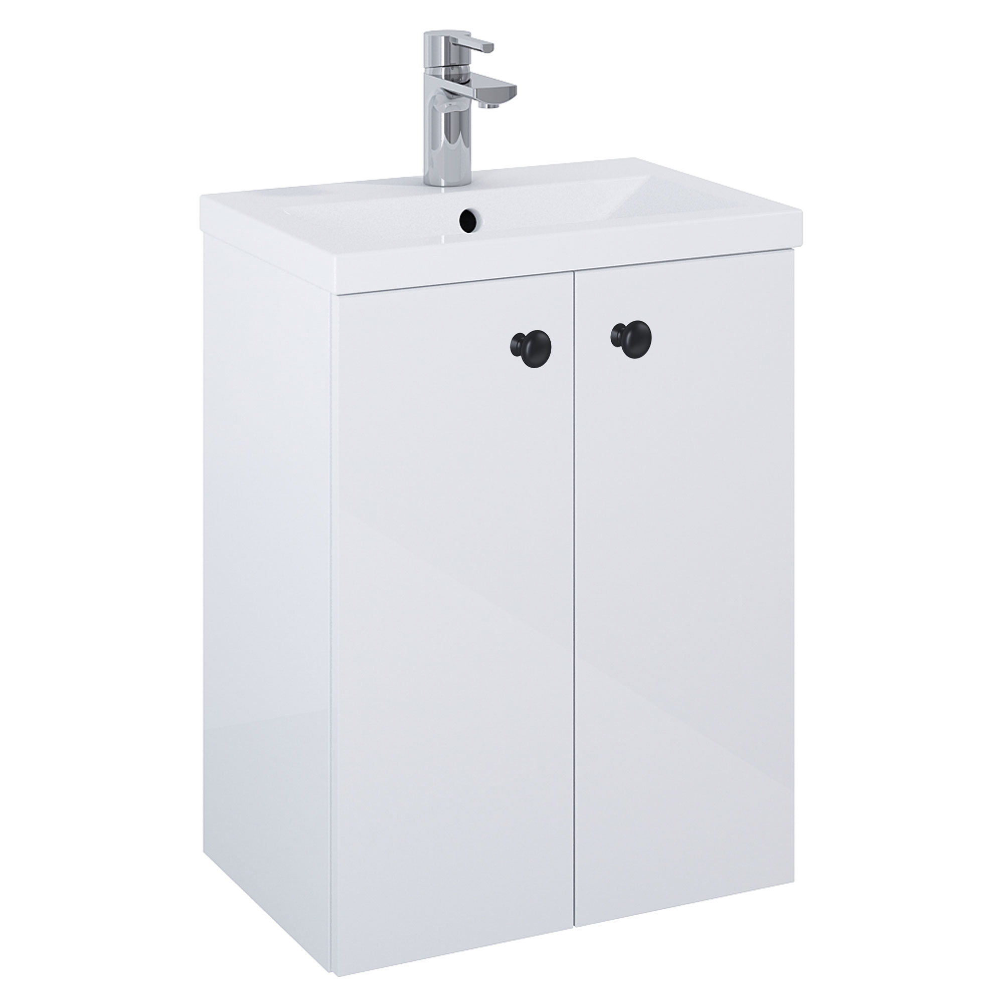 Tvättställsskåp Svart Minimal Vit Blank 50 cm med Två Dörrar & Handfat Vit Blank