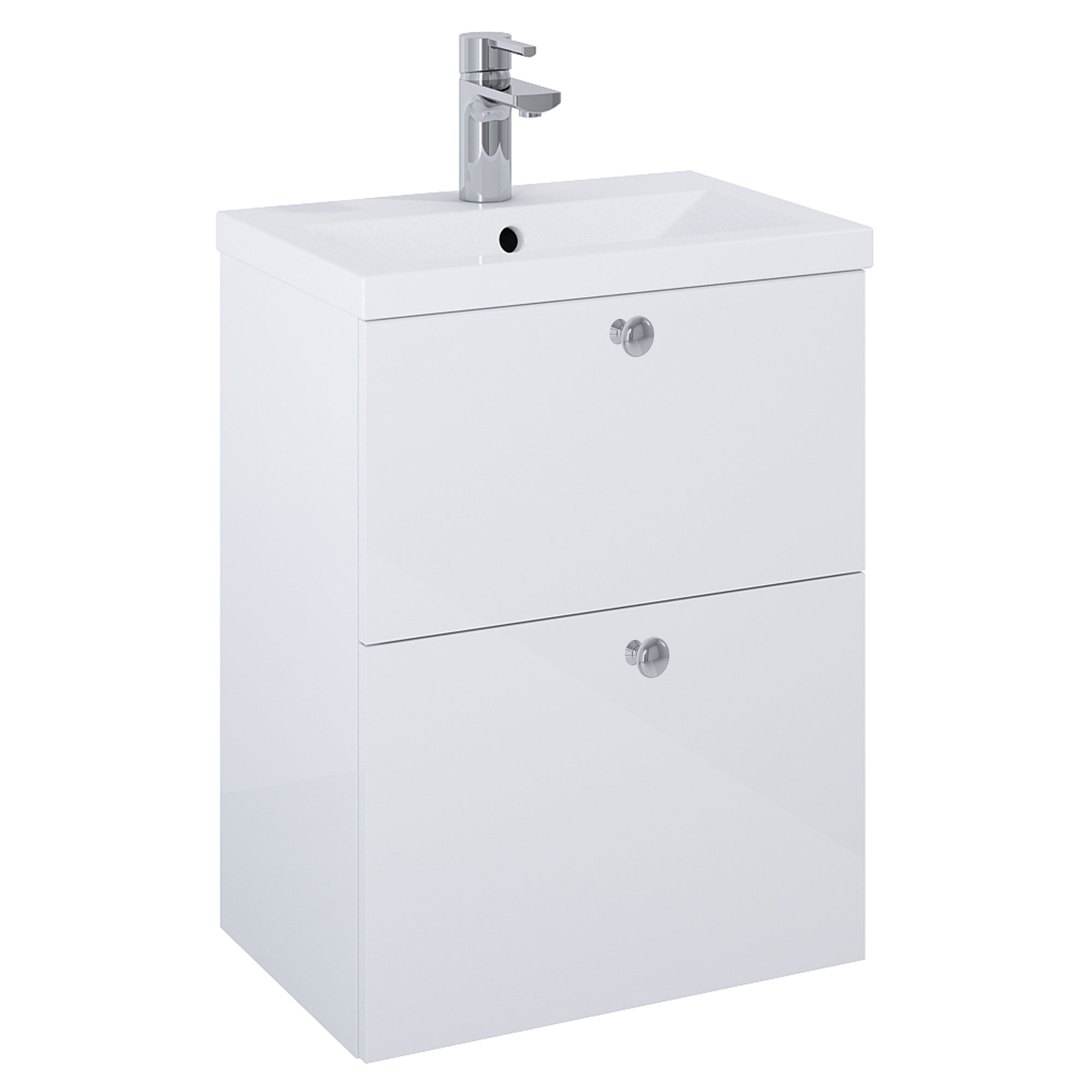 Tvättställsskåp Krom Minimal Vit Blank 50 cm med Två Lådor & Handfat Vit Blank