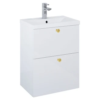 Tvättställsskåp Guld <strong>Minimal</strong>  Vit Blank 50 cm med Två Lådor & Handfat Vit Blank