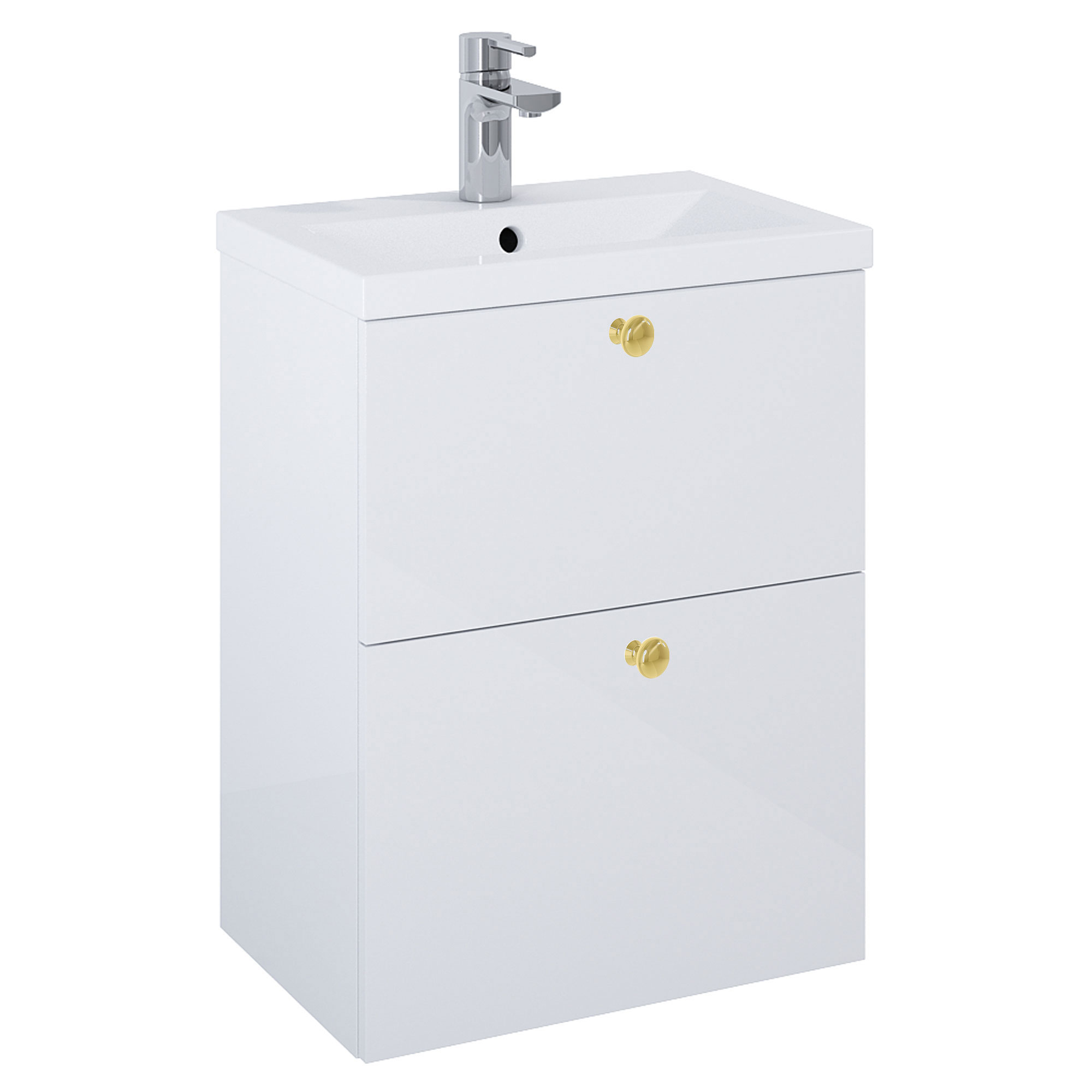 Tvättställsskåp Guld Minimal Vit Blank 50 cm med Två Lådor & Handfat Vit Blank