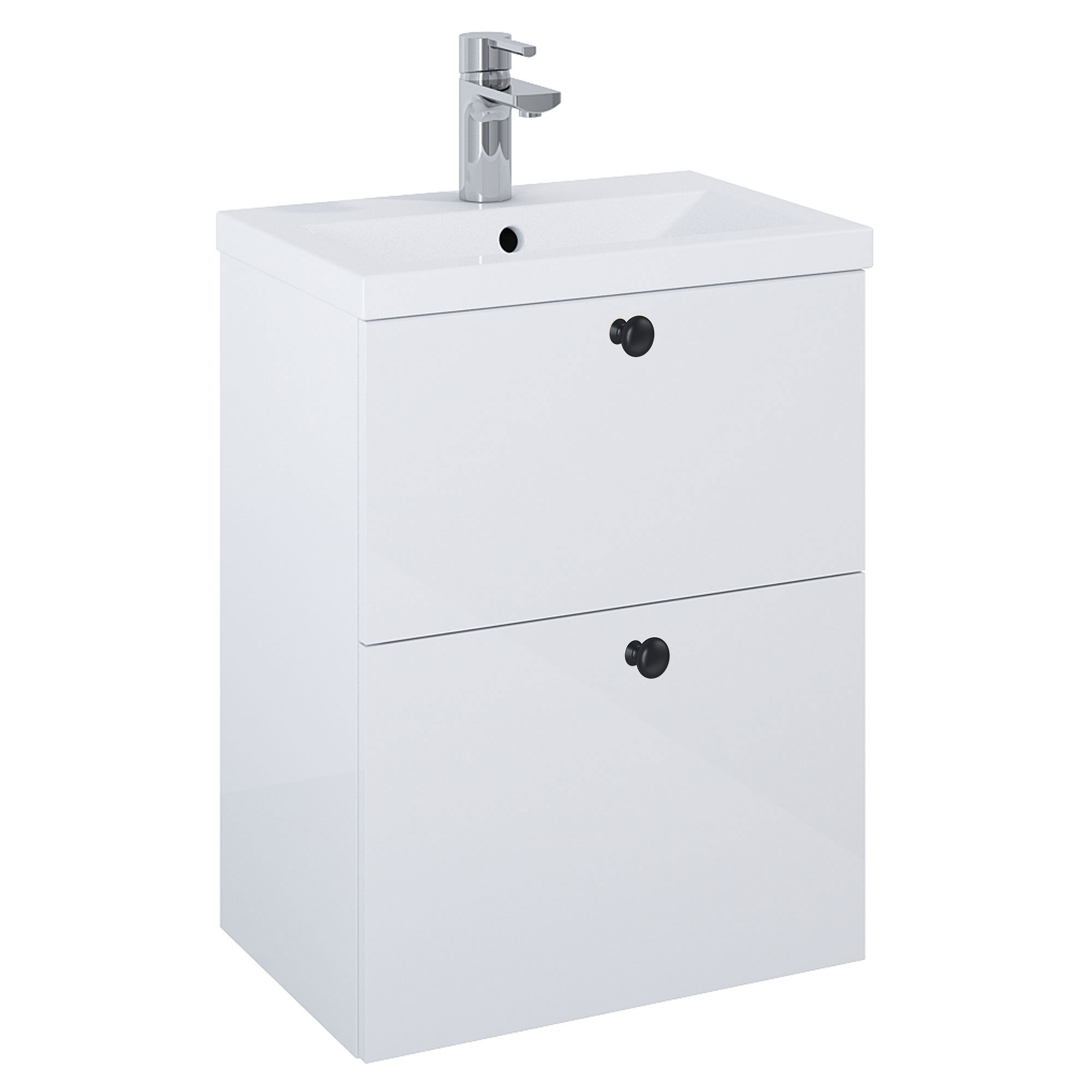 Tvättställsskåp Svart Minimal Vit Blank 50 cm med Två Lådor & Handfat Vit Blank