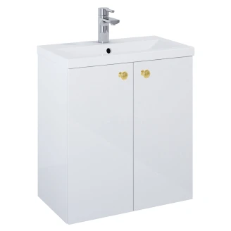 Tvättställsskåp Guld <strong>Minimal</strong>  Vit Blank 60 cm med Två Dörrar & Handfat Vit Blank