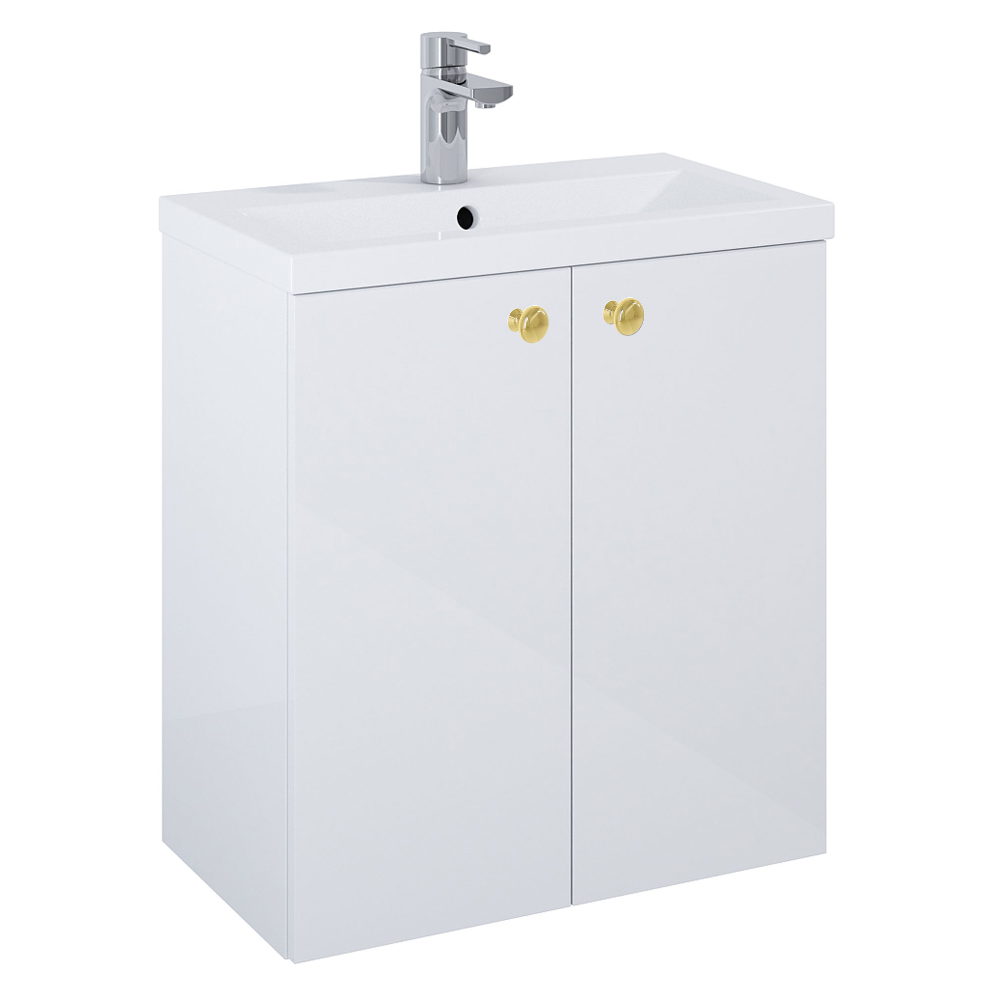 Tvättställsskåp Guld Minimal Vit Blank 60 cm med Två Dörrar & Handfat Vit Blank