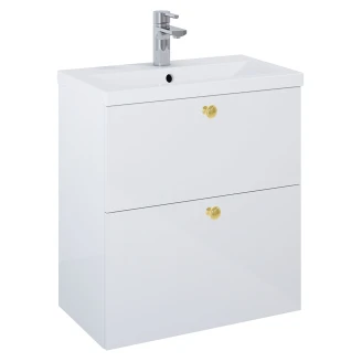 Tvättställsskåp Guld <strong>Minimal</strong>  Vit Blank 60 cm med Två Lådor & Handfat Vit Blank