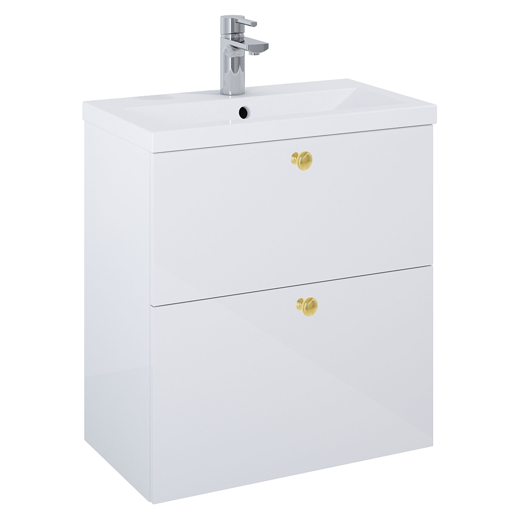 Tvättställsskåp Guld Minimal Vit Blank 60 cm med Två Lådor & Handfat Vit Blank