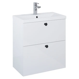Tvättställsskåp Svart <strong>Minimal</strong>  Vit Blank 60 cm med Två Lådor & Handfat Vit Blank