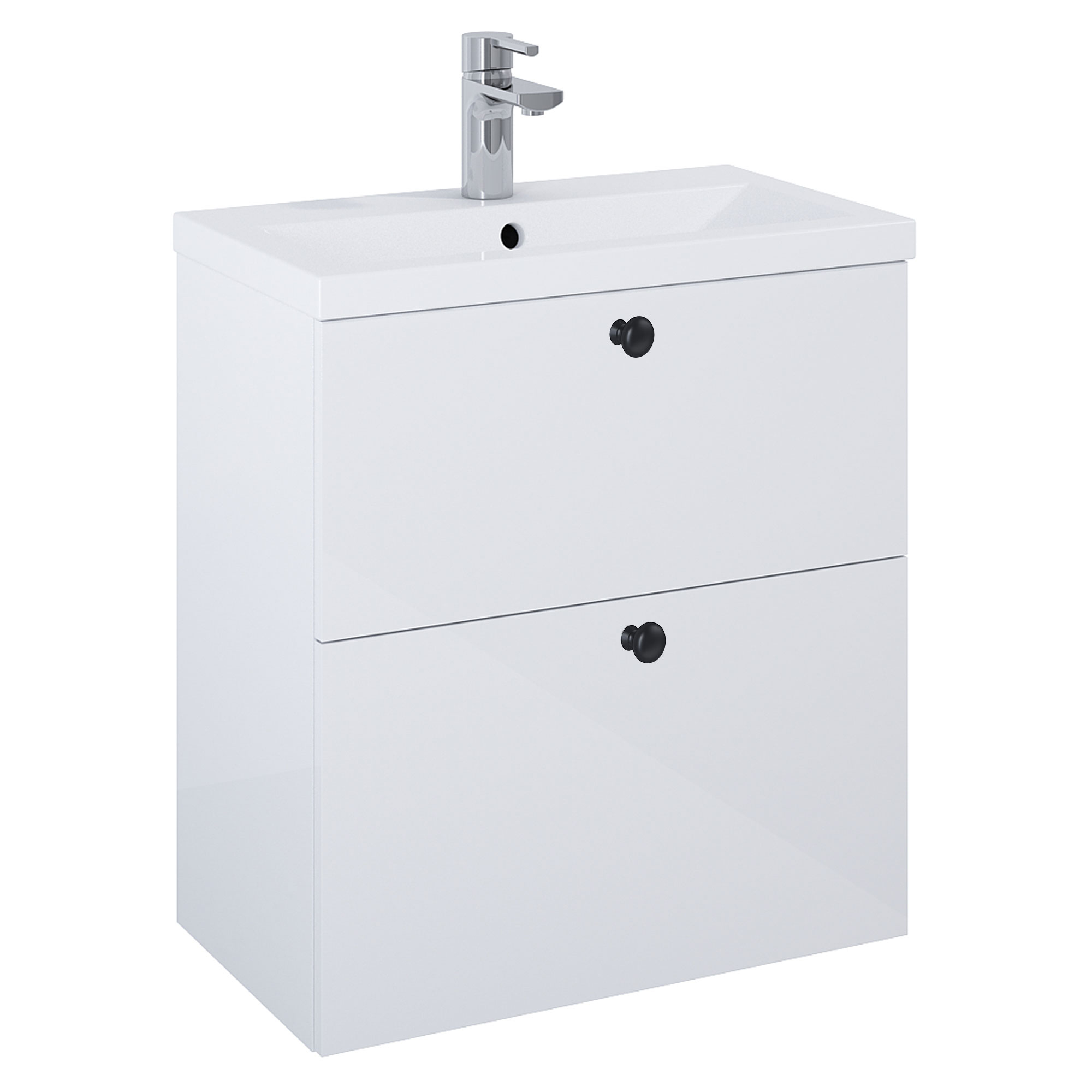 Tvättställsskåp Svart Minimal Vit Blank 60 cm med Två Lådor & Handfat Vit Blank