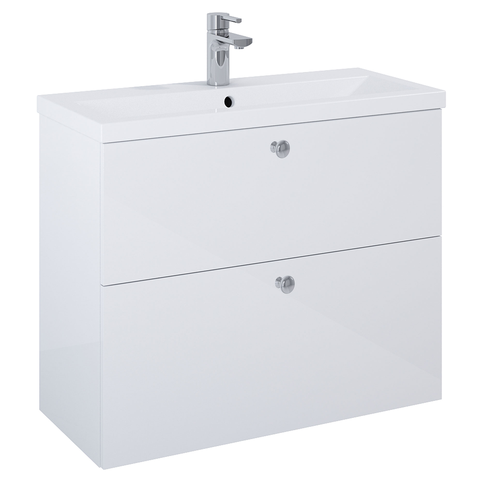 Tvättställsskåp Krom Minimal Vit Blank 80 cm med Två Lådor & Handfat Vit Blank