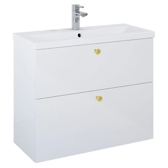 Tvättställsskåp Guld <strong>Minimal</strong>  Vit Blank 80 cm med Två Lådor & Handfat Vit Blank
