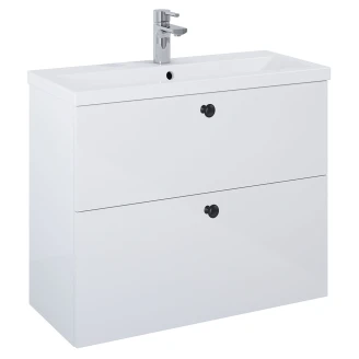 Tvättställsskåp Svart <strong>Minimal</strong>  Vit Blank 80 cm med Två Lådor & Handfat Vit Blank