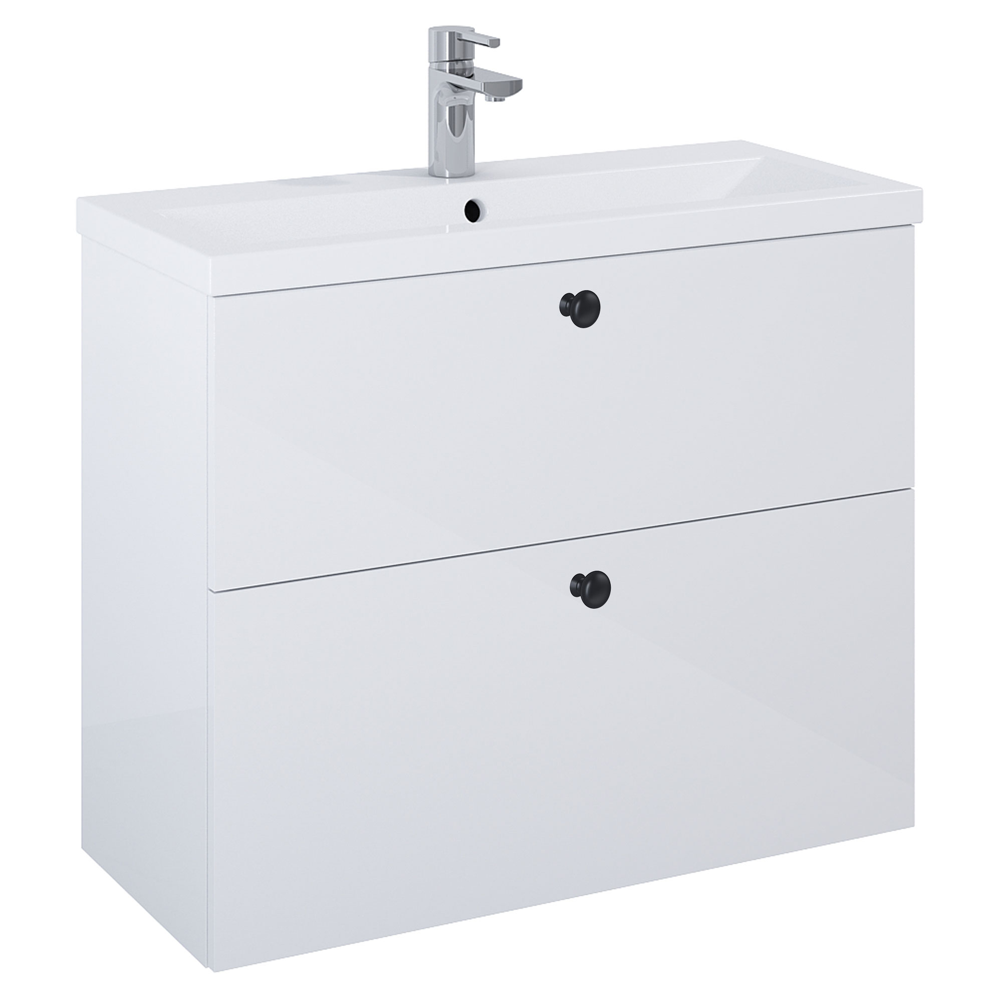 Tvättställsskåp Svart Minimal Vit Blank 80 cm med Två Lådor & Handfat Vit Blank