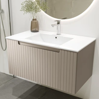 Tvättställsskåp <strong>Ribb</strong>  Beige Matt 80 cm med Handfat Vit Blank
