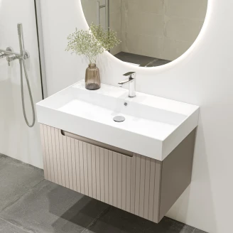 Badrumspaket Tvättställsskåp Ribb Beige 80 cm med Butler Handfat, Krom Tvättställsblandare & Bottenventil