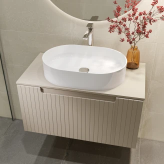 Badrumspaket Tvättställsskåp Ribb Beige 80 cm med Bänkskiva, Handfat, Tvättställsblandare & Bottenventil