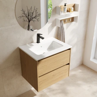 Badrumspaket Tvättställsskåp Norrvi Trä Light Oak Matt 60 cm med Hylla och Klädhängare, Spegel, Blandare & Bottenventil
