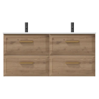 Dubbelt Tvättställsskåp Gold <strong>Tandem</strong>  Ek 120 cm med Handfat Vit Blank